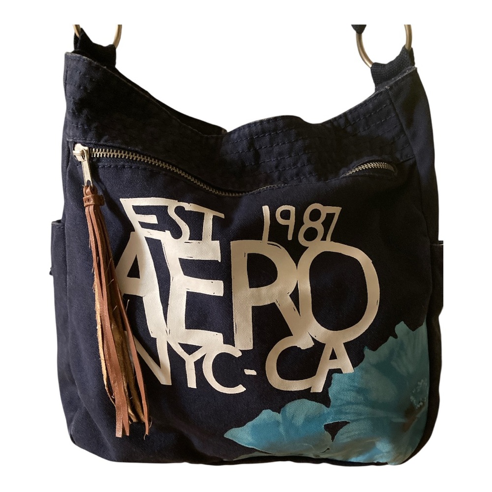 Aeropostale Blue Canvas with Beautiful Tropical Flower Tote Bag EUC